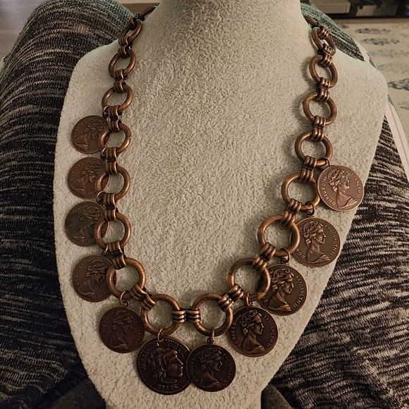 Vintage Copper Tone Foriegn Coin Charm Statement Necklace Bracelet Set Roman EUC - Picture 3 of 11